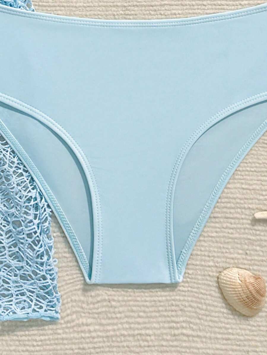 Tween girls beige bikini set with long sleeve round neck top, hollow-out asymmetrical details, mid-waist bottoms, and cover up for beach or vacation swimwear