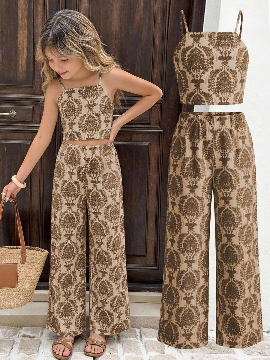 Tween girls casual 2-piece set featuring an apricot woven camisole crop top with back shirring and matching high-waisted loose long pants.