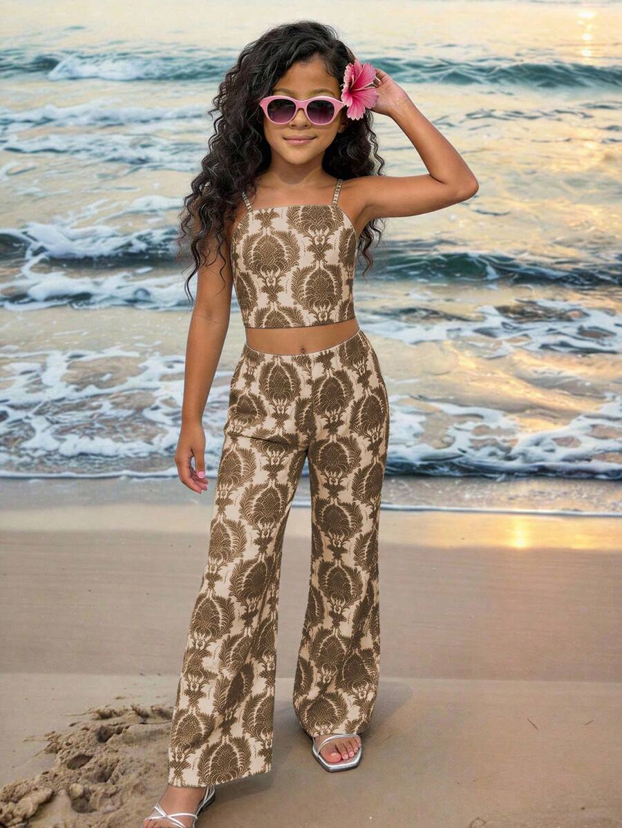 Tween girls casual 2-piece set featuring an apricot woven camisole crop top with back shirring and matching high-waisted loose long pants.