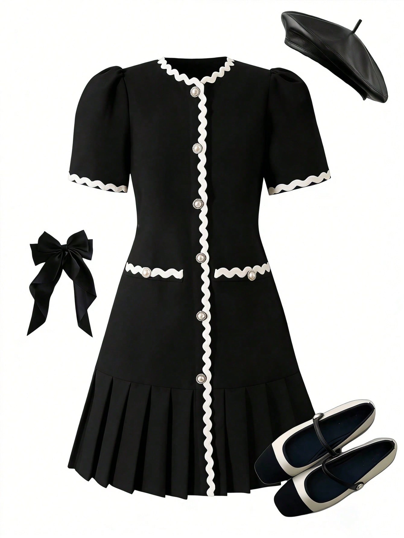 Tween girls apricot short-sleeve pleated smock dress with 3D bow decor and round neckline.