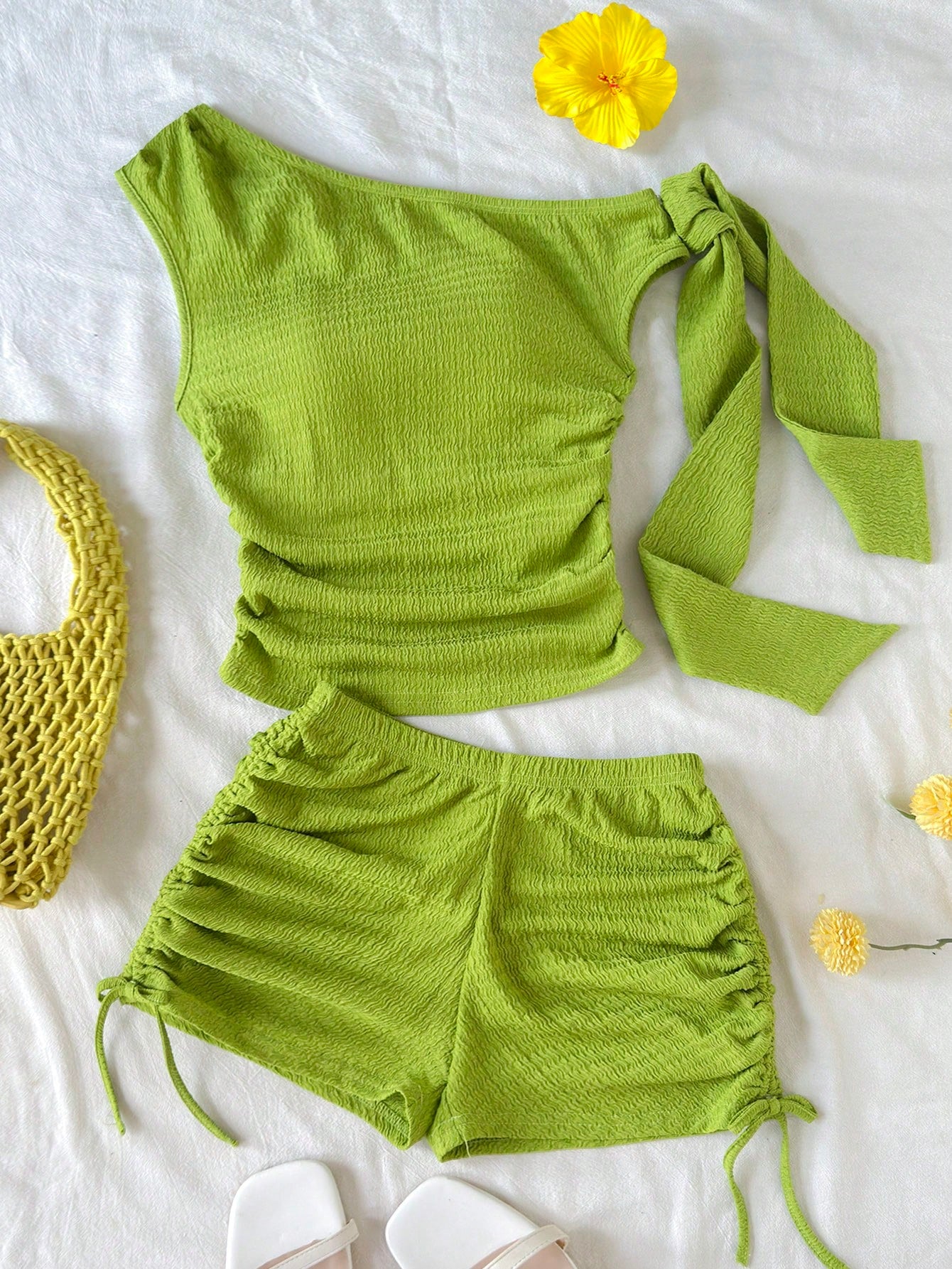 Tween girls army green striped rib-knit two-piece set with asymmetrical neck crop top and matching slim fit shorts.