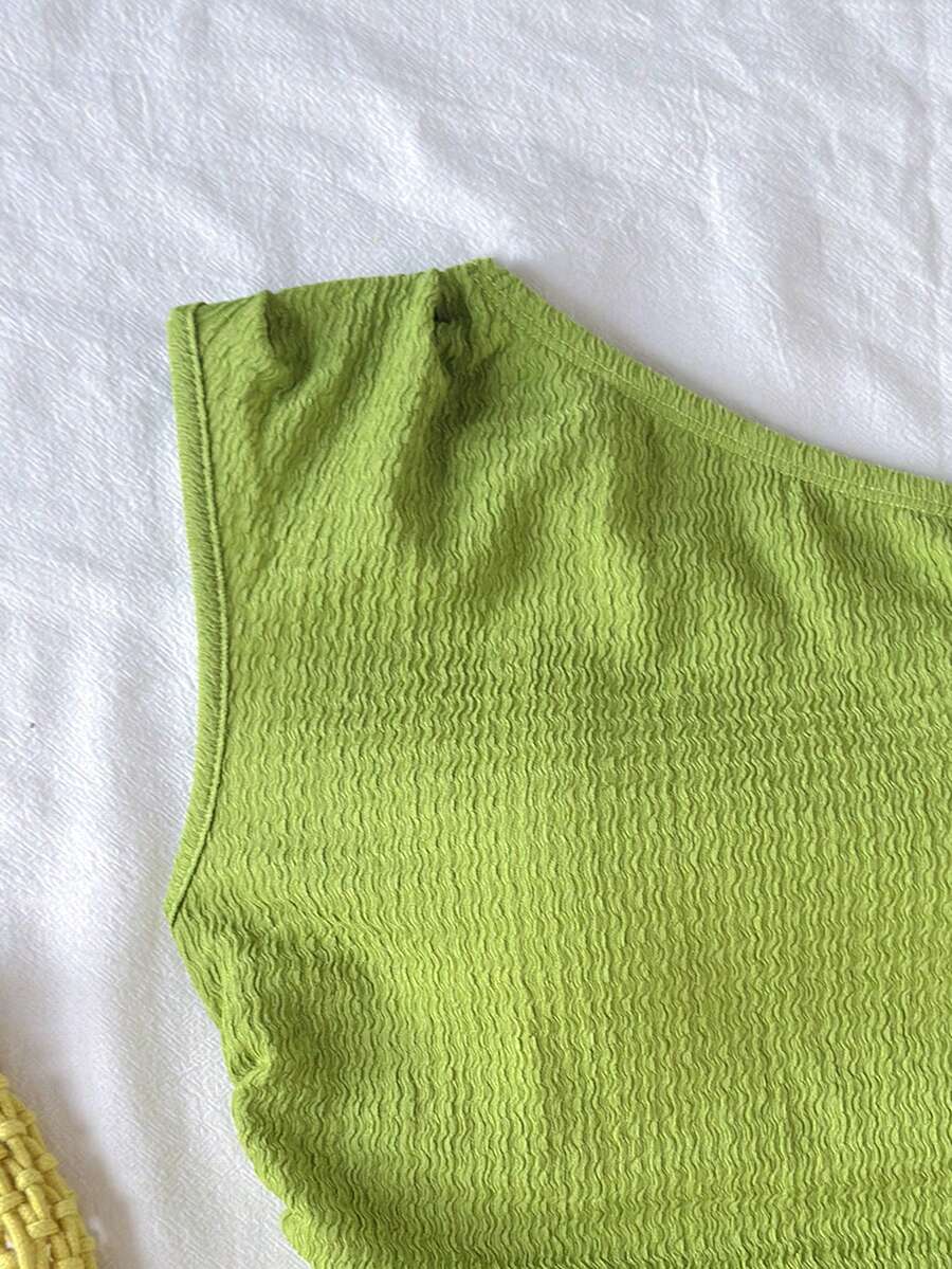 Tween girls army green striped rib-knit two-piece set with asymmetrical neck crop top and matching slim fit shorts.