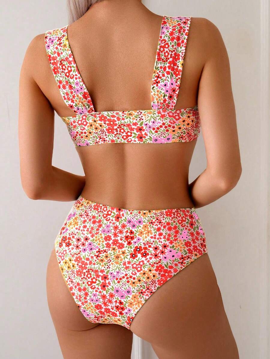 Springbreak black high waist bikini set for women featuring wireless bra top with ruffle lettuce trim and V-wired detail.