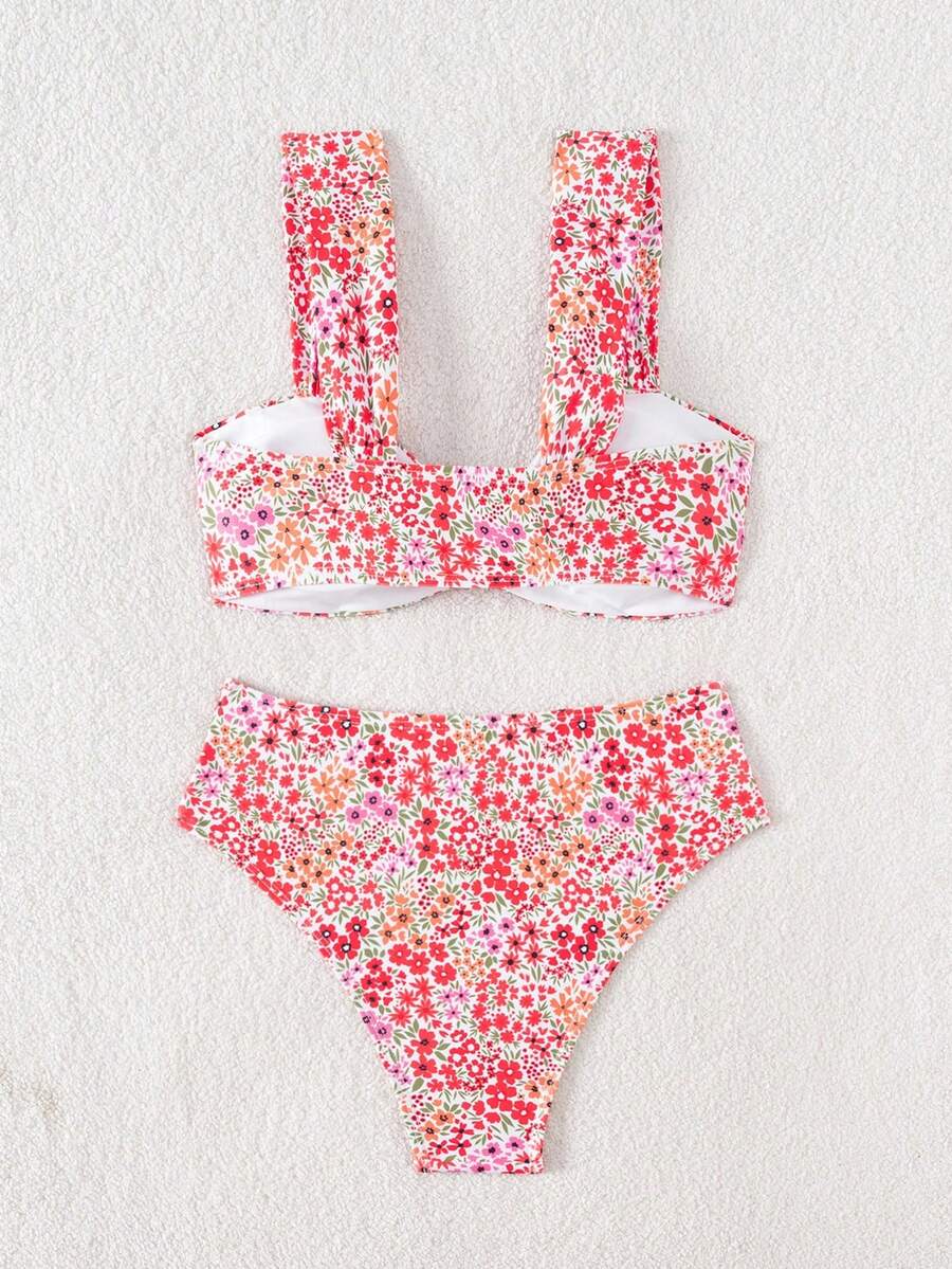Springbreak black high waist bikini set for women featuring wireless bra top with ruffle lettuce trim and V-wired detail.