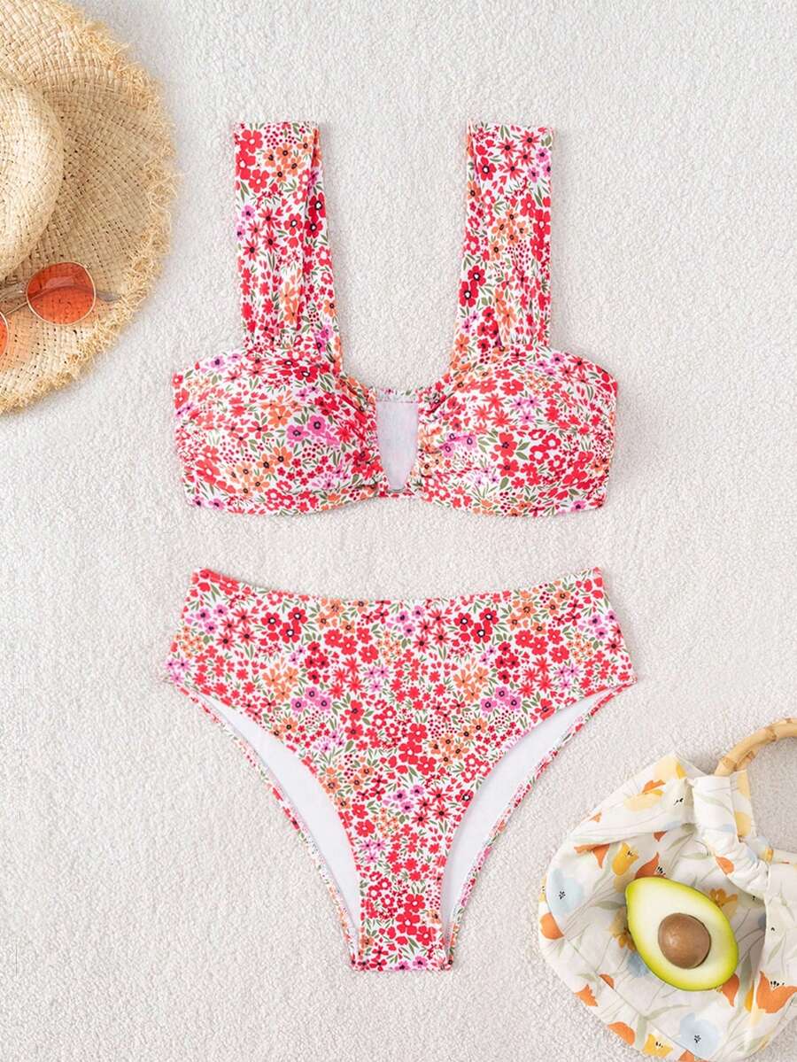 Springbreak black high waist bikini set for women featuring wireless bra top with ruffle lettuce trim and V-wired detail.