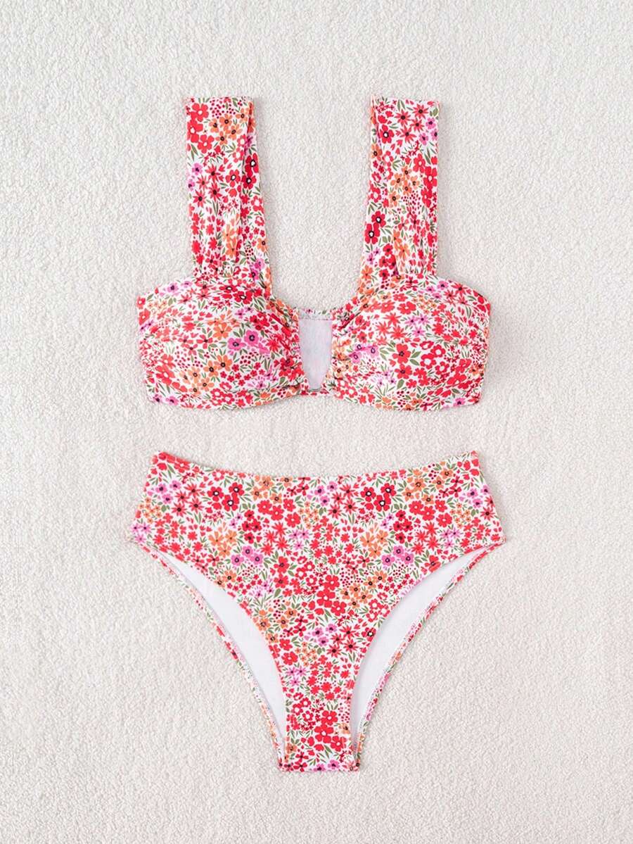 Springbreak black high waist bikini set for women featuring wireless bra top with ruffle lettuce trim and V-wired detail.