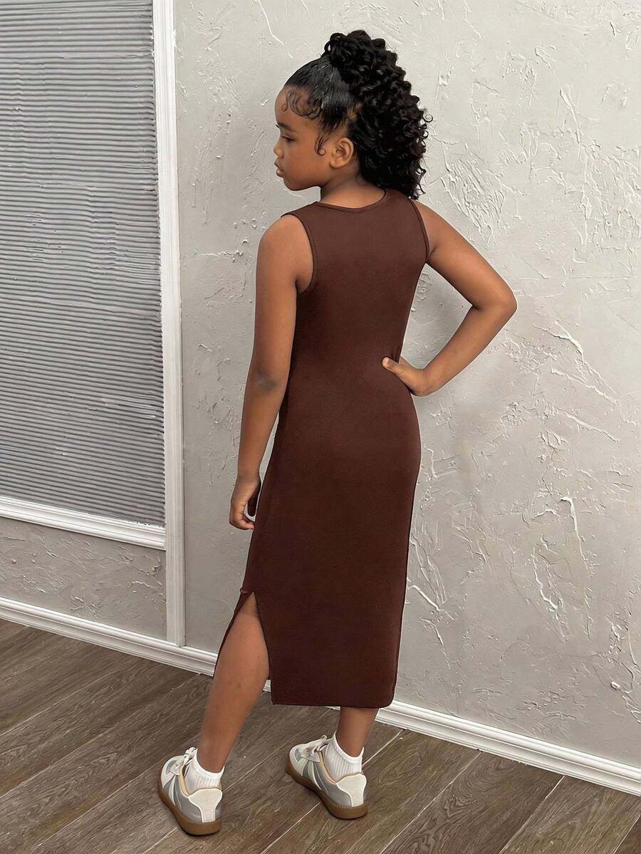 Tween girls sleeveless midi tank dress with round neck, graphic pattern, slim fit waist, slit hem, and apricot color styling for casual and occasion wear.