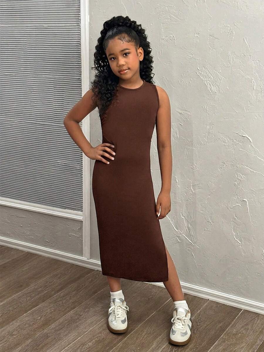 Tween girls sleeveless midi tank dress with round neck, graphic pattern, slim fit waist, slit hem, and apricot color styling for casual and occasion wear.