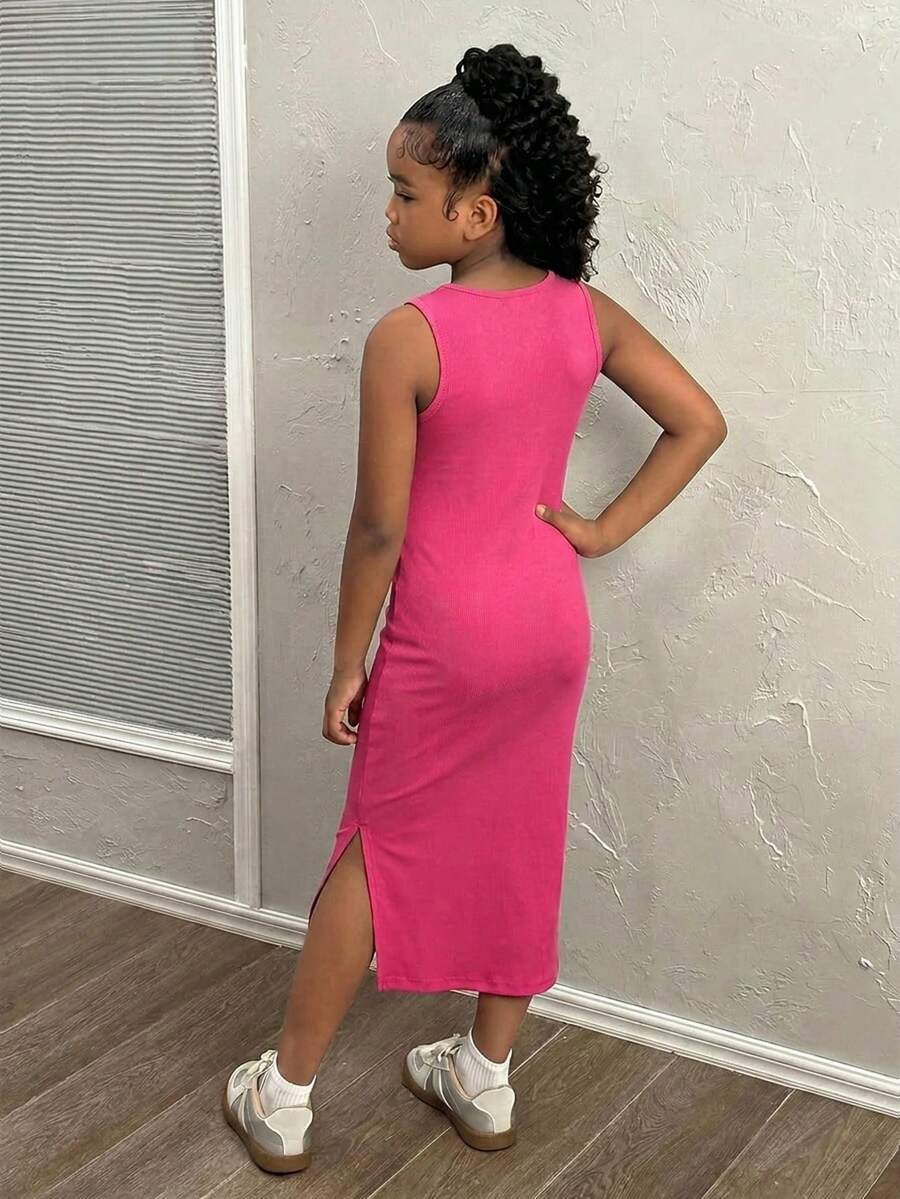 Tween girls sleeveless midi tank dress with round neck, graphic pattern, slim fit waist, slit hem, and apricot color styling for casual and occasion wear.
