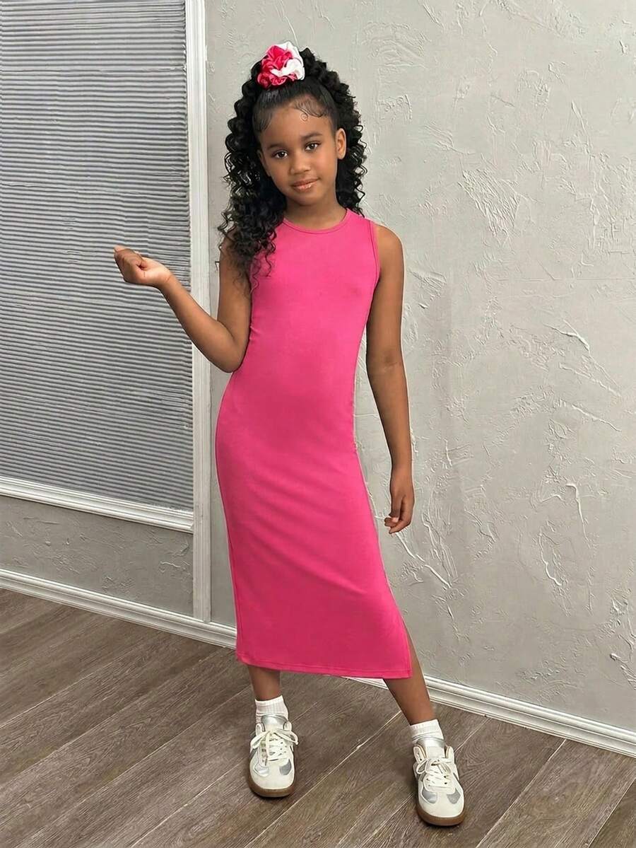 Tween girls sleeveless midi tank dress with round neck, graphic pattern, slim fit waist, slit hem, and apricot color styling for casual and occasion wear.
