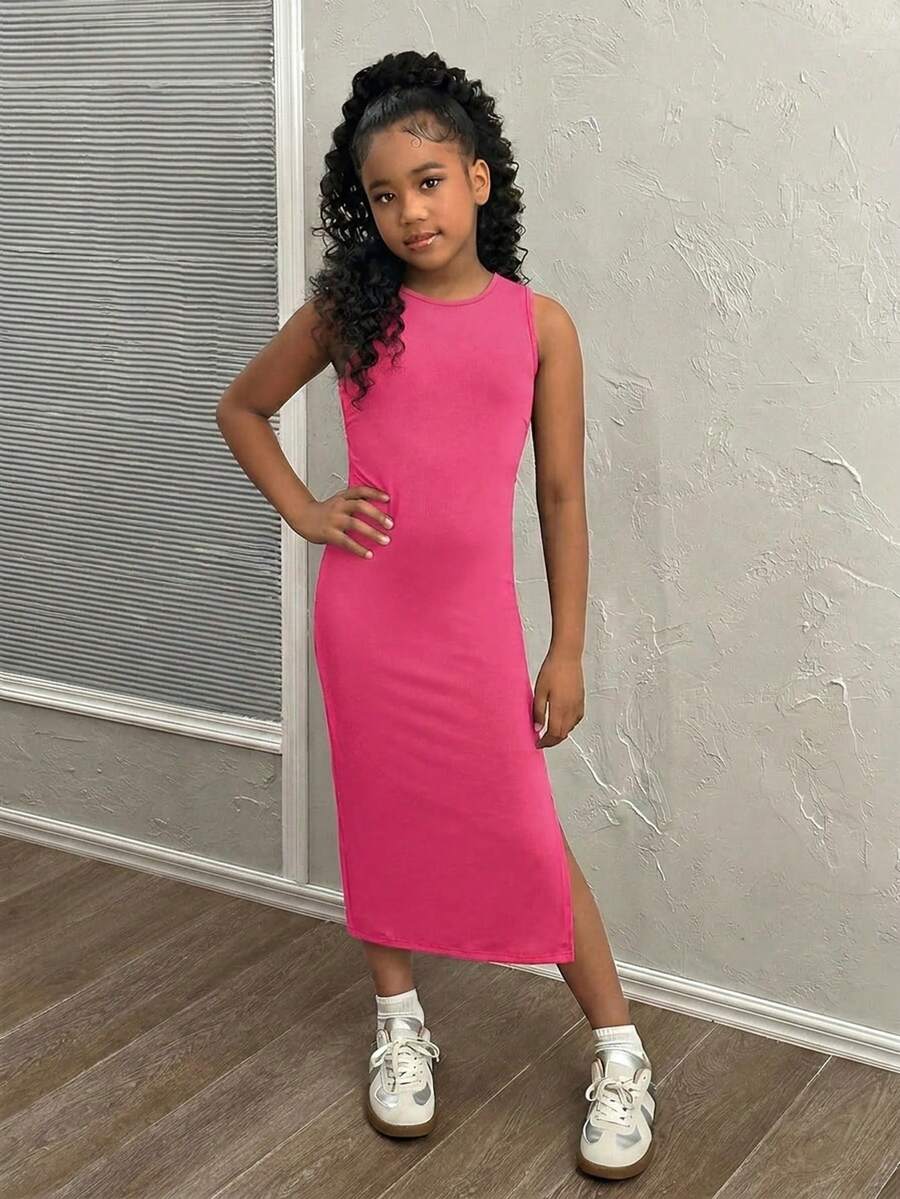Tween girls sleeveless midi tank dress with round neck, graphic pattern, slim fit waist, slit hem, and apricot color styling for casual and occasion wear.