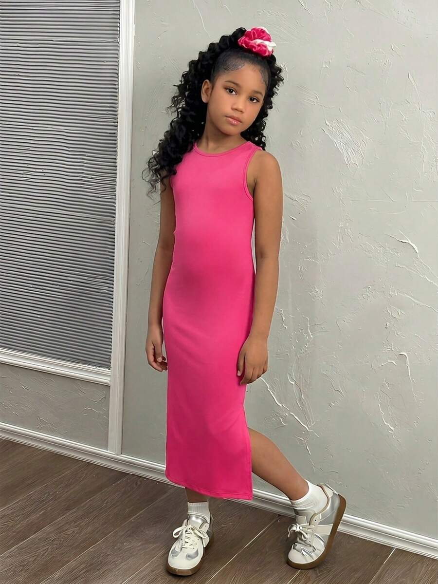 Tween girls sleeveless midi tank dress with round neck, graphic pattern, slim fit waist, slit hem, and apricot color styling for casual and occasion wear.