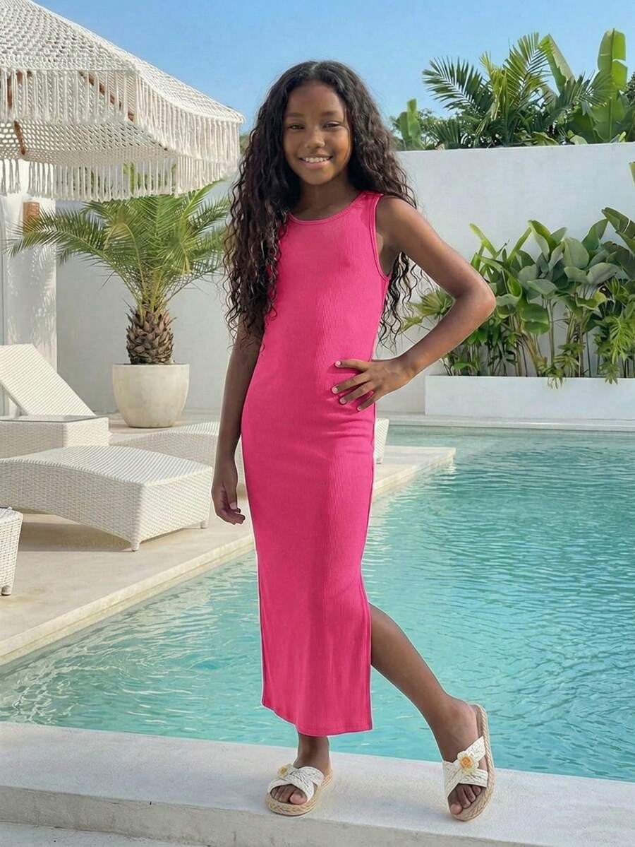 Tween girls sleeveless midi tank dress with round neck, graphic pattern, slim fit waist, slit hem, and apricot color styling for casual and occasion wear.