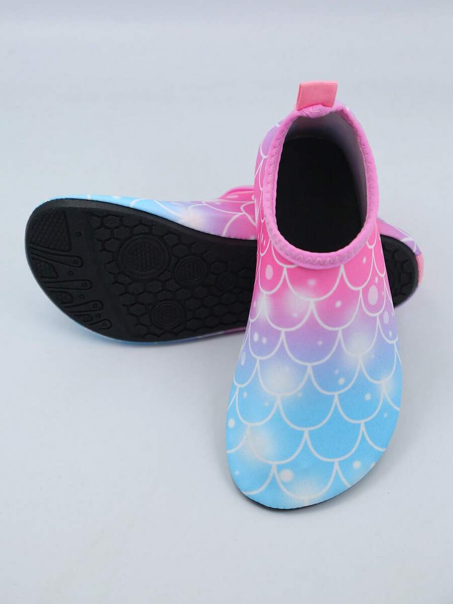 Multicolor kids slip-on water shoes with breathable Lycra upper and non-slip TPR outsole for boys and girls.