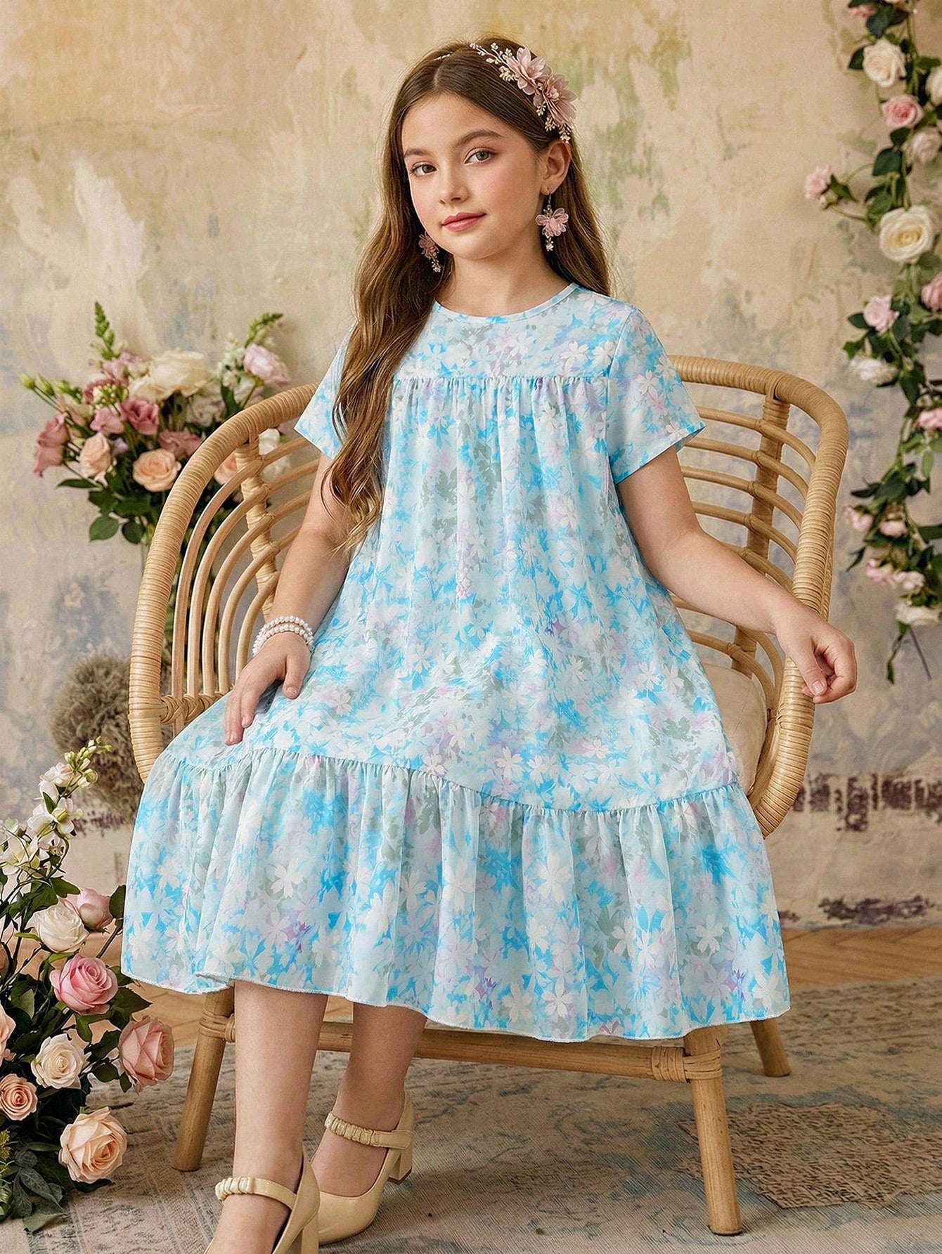 Tween girl wearing an Army Green textured short sleeve smock midi dress with round neck and ruffle flounce hem.