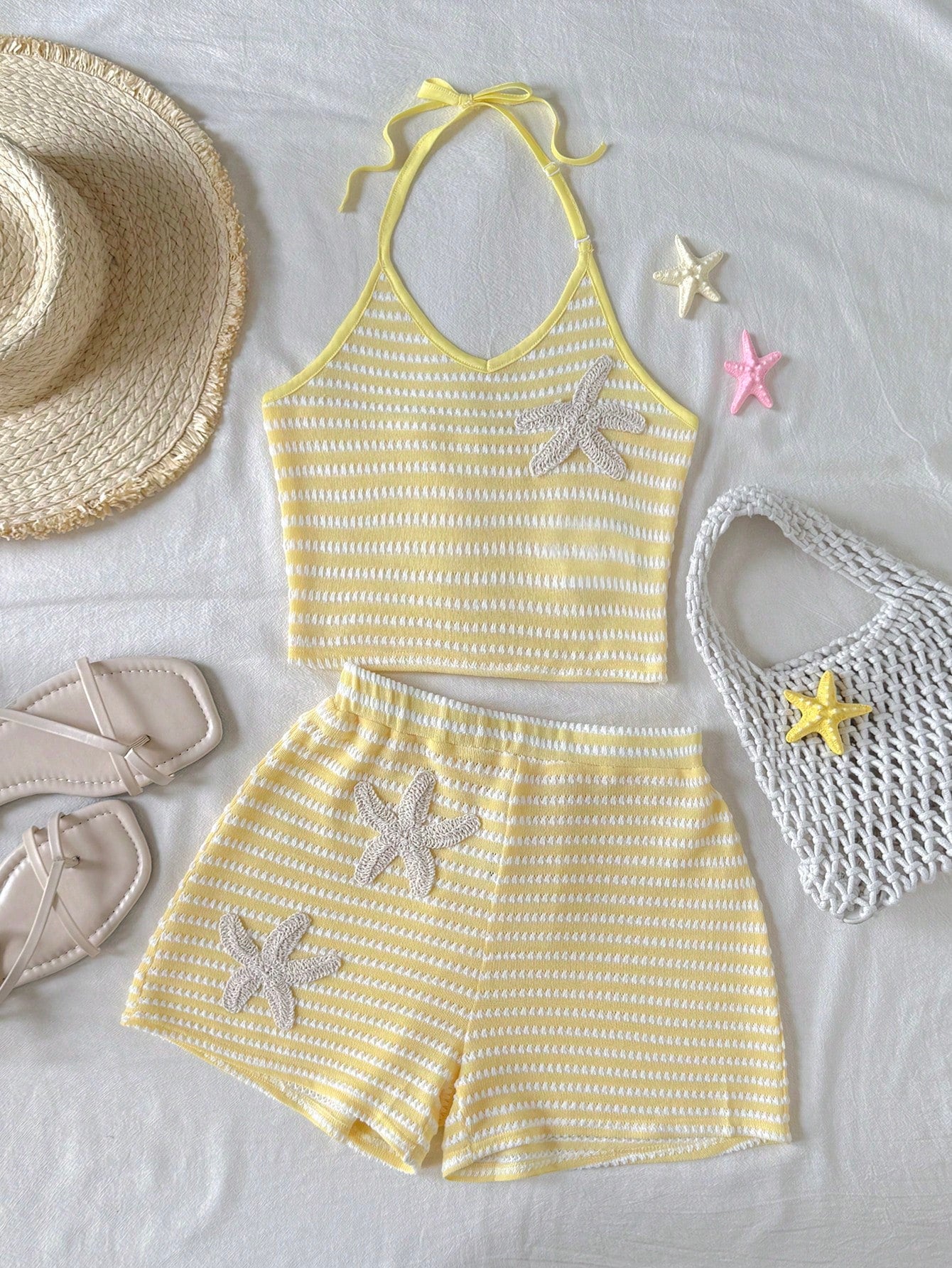Tween girls apricot knitted texture halter top and elastic waistband shorts set.