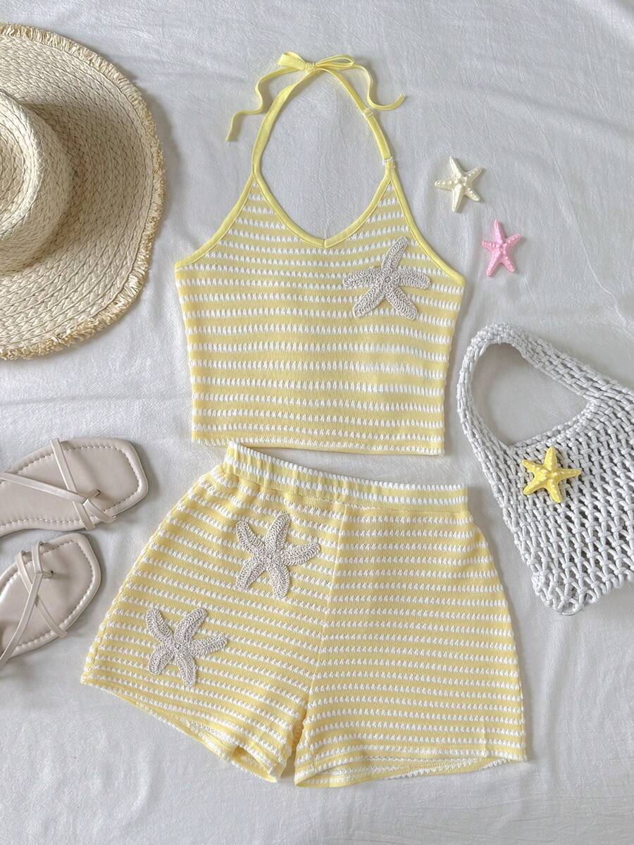 Tween girls apricot knitted texture halter top and elastic waistband shorts set.