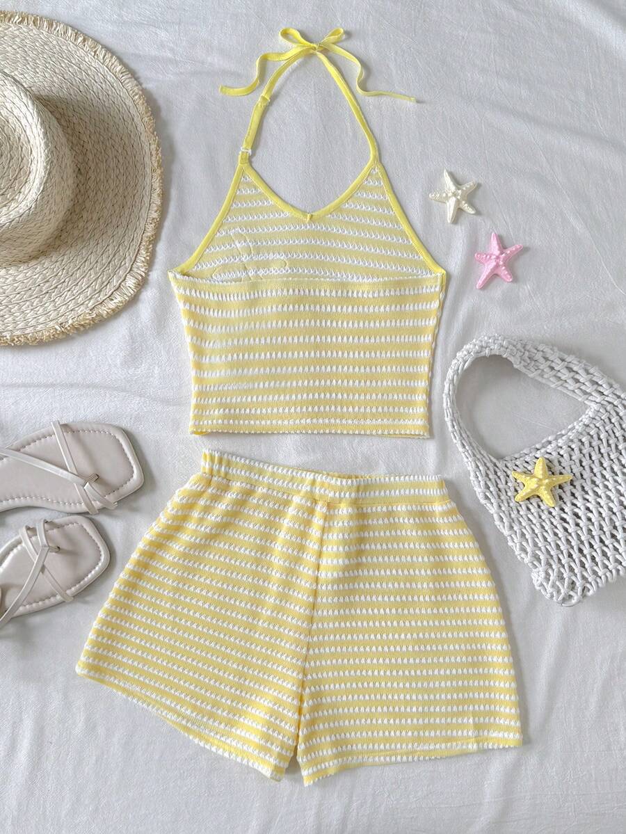 Tween girls apricot knitted texture halter top and elastic waistband shorts set.