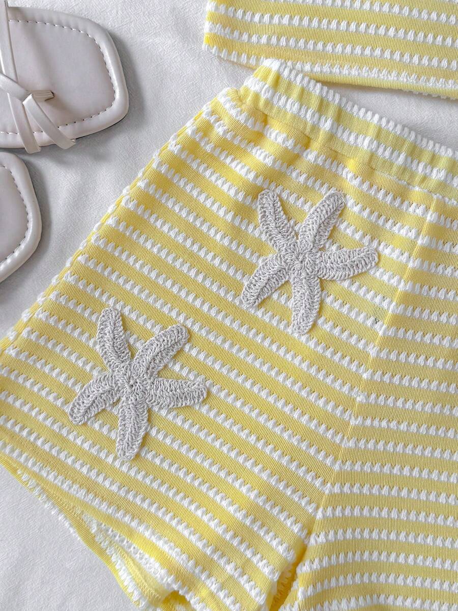 Tween girls apricot knitted texture halter top and elastic waistband shorts set.