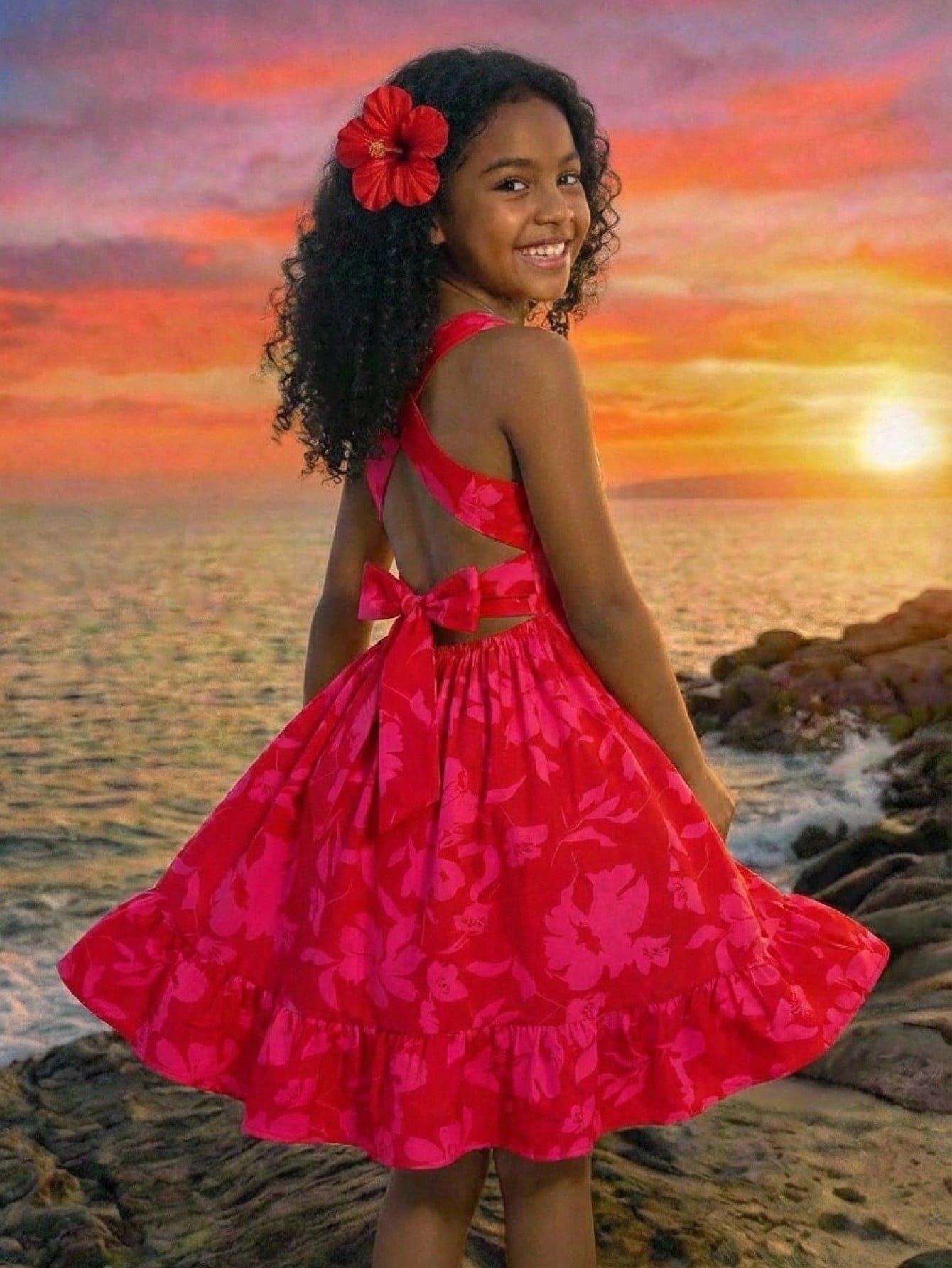 Pink sleeveless tween girls vacation dress with all-over fruit and vegetable print, strap neckline, belted high waist, cut-out detail, and flared ruffle hem.