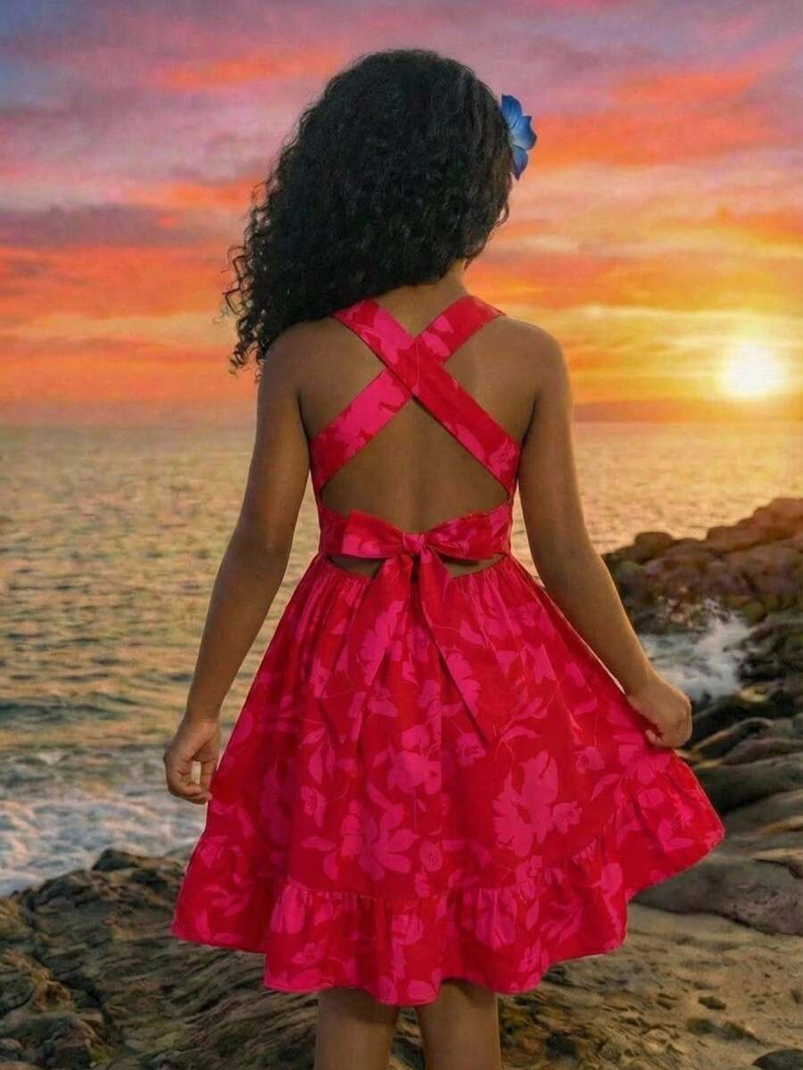 Pink sleeveless tween girls vacation dress with all-over fruit and vegetable print, strap neckline, belted high waist, cut-out detail, and flared ruffle hem.