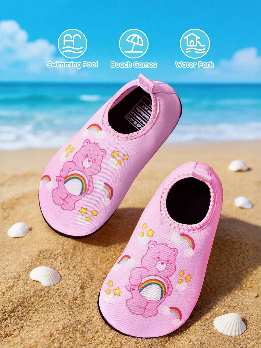 Girls cartoon pattern non-slip water shoes with slip-on closure and durable TPR outsole for beach and outdoor sports.