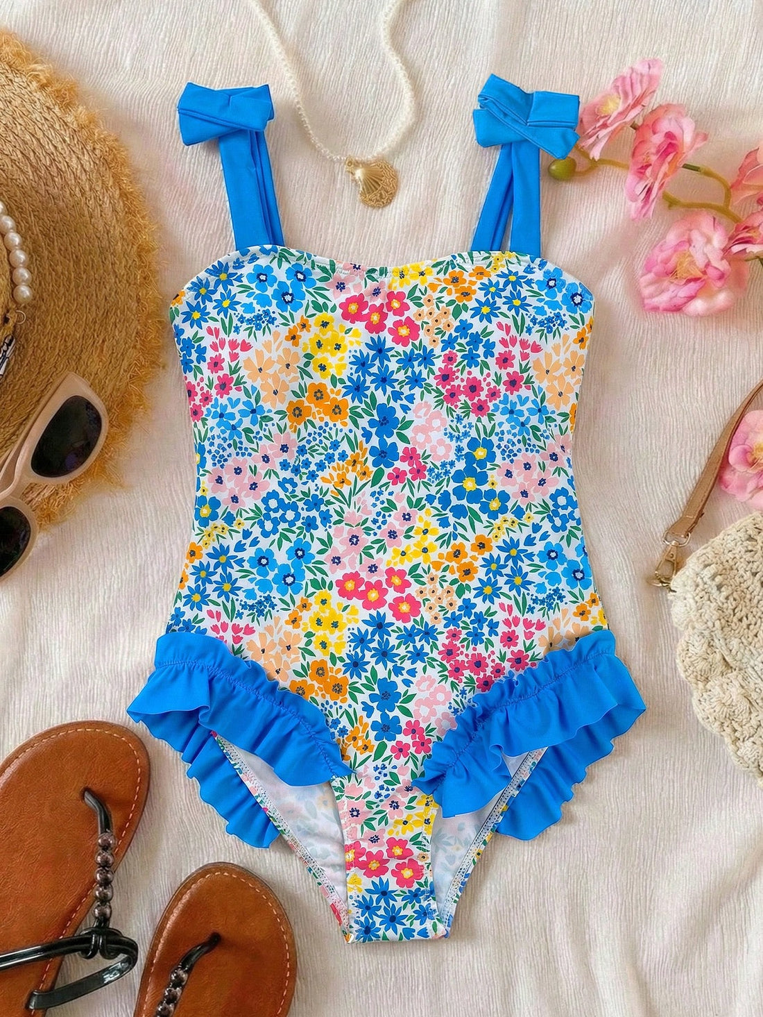 Girls' multicolor one-piece swimsuit with floral plant print, bow detail, asymmetrical ruffle accent, strap neckline, and lined body for beach vacations.