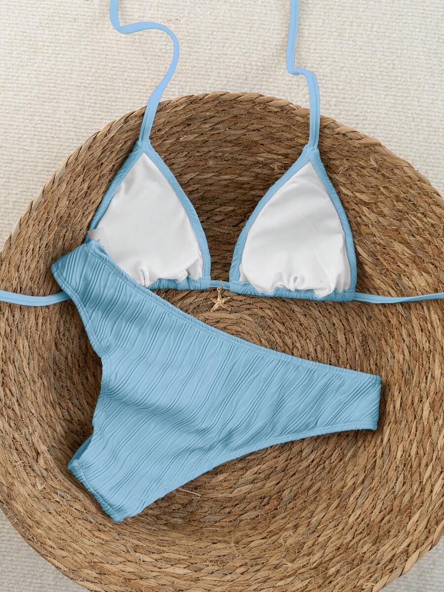 Women's apricot 2-piece halter bikini set featuring a wireless triangle top with tie-back detail and high-waisted high-cut bottoms.