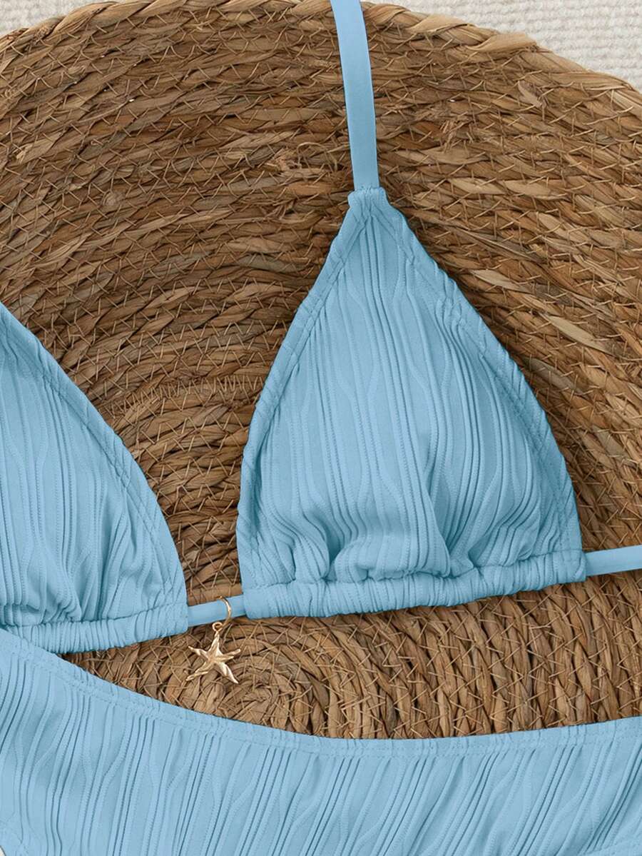 Women's apricot 2-piece halter bikini set featuring a wireless triangle top with tie-back detail and high-waisted high-cut bottoms.