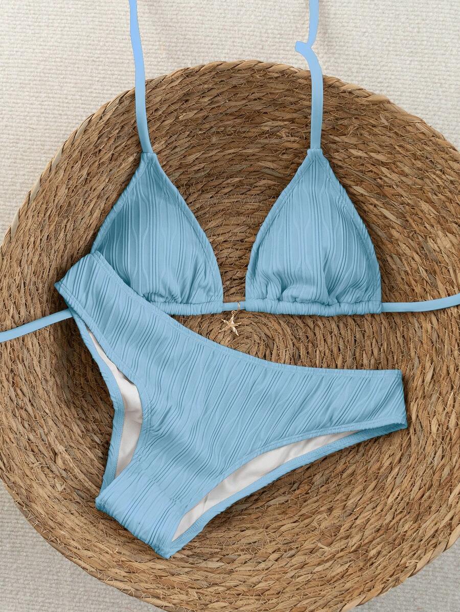 Women's apricot 2-piece halter bikini set featuring a wireless triangle top with tie-back detail and high-waisted high-cut bottoms.