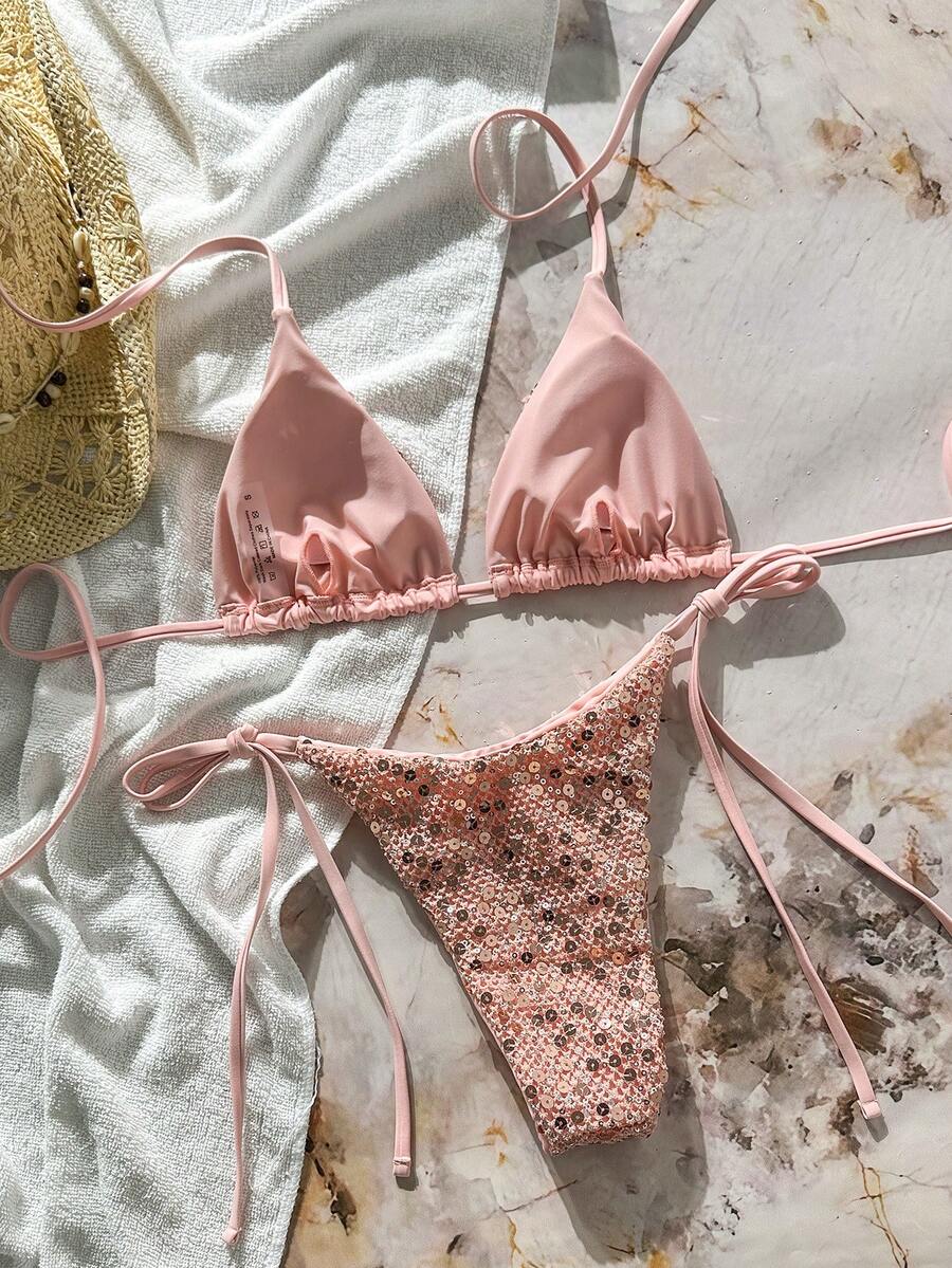 Women's sequin textured halter triangle bikini top and high-waist side tie bikini bottom swimsuit set