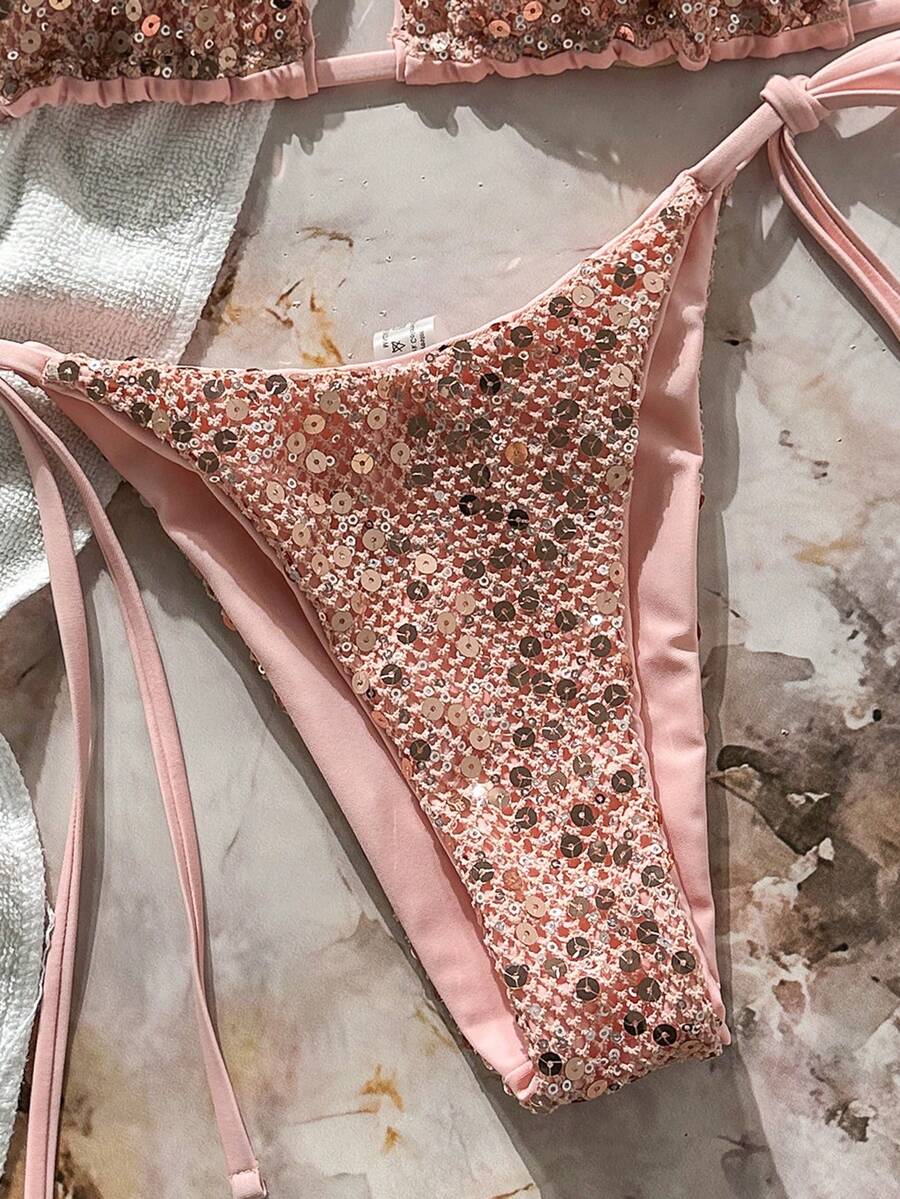 Women's sequin textured halter triangle bikini top and high-waist side tie bikini bottom swimsuit set