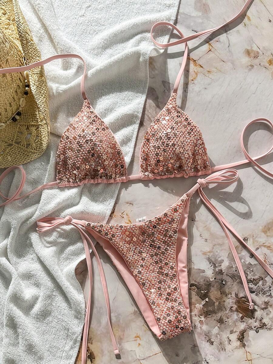Women's sequin textured halter triangle bikini top and high-waist side tie bikini bottom swimsuit set