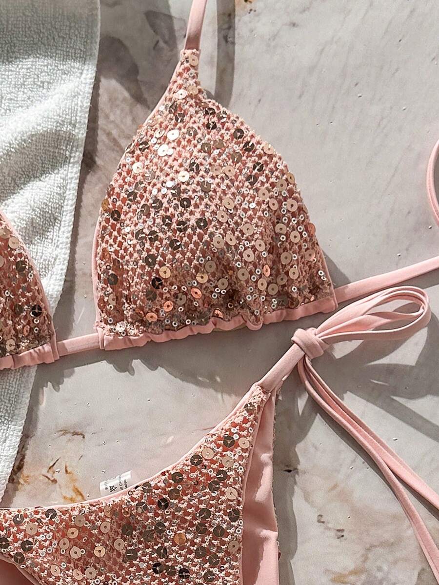 Women's sequin textured halter triangle bikini top and high-waist side tie bikini bottom swimsuit set