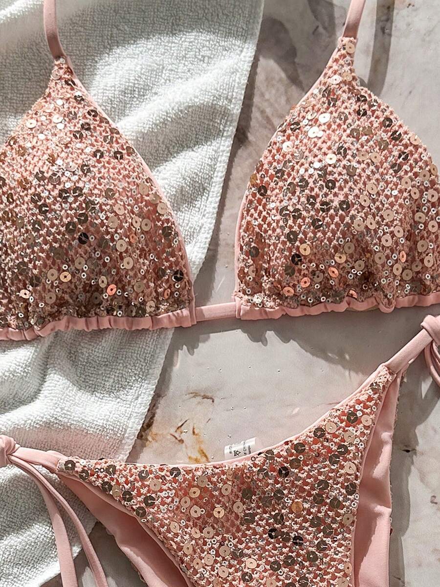 Women's sequin textured halter triangle bikini top and high-waist side tie bikini bottom swimsuit set