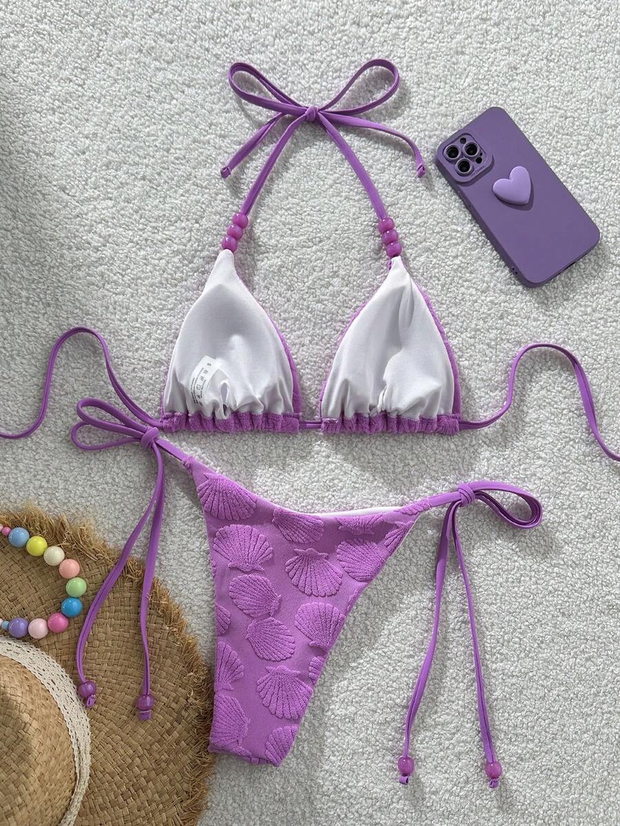 Women's sequin textured halter triangle bikini top and high-waist side tie bikini bottom swimsuit set