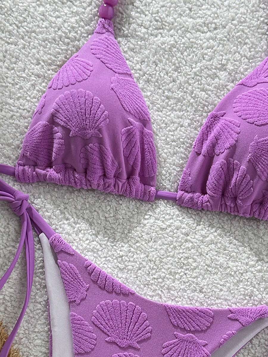 Women's sequin textured halter triangle bikini top and high-waist side tie bikini bottom swimsuit set