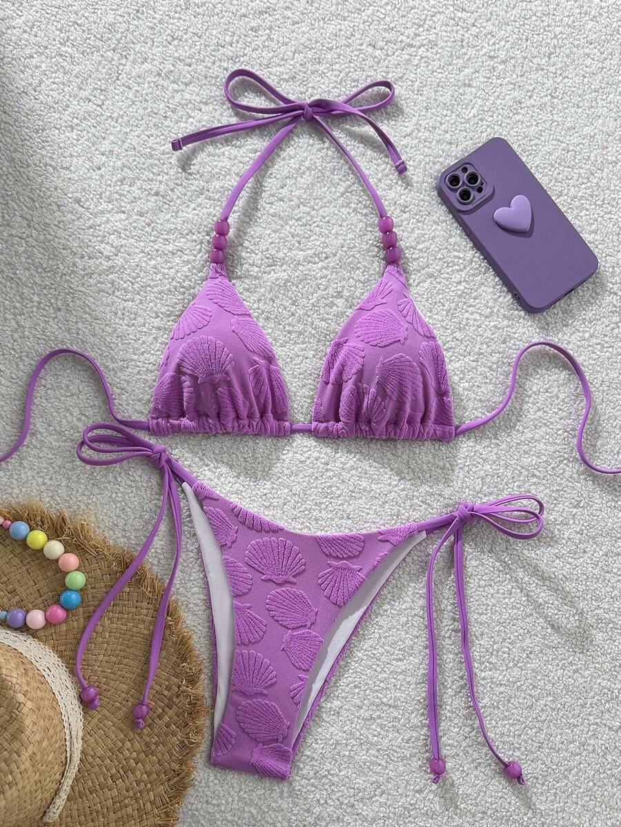 Women's sequin textured halter triangle bikini top and high-waist side tie bikini bottom swimsuit set