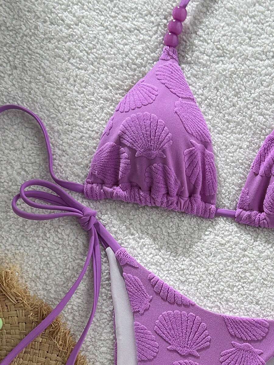 Women's sequin textured halter triangle bikini top and high-waist side tie bikini bottom swimsuit set
