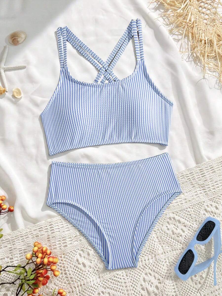Tween Girls Bikini Sets Orange Summer Modest Activewear Beach Holiday,Knitted Ribbed Two Pieces Swimwear Crisscross Back Tank Top With Briefs Set