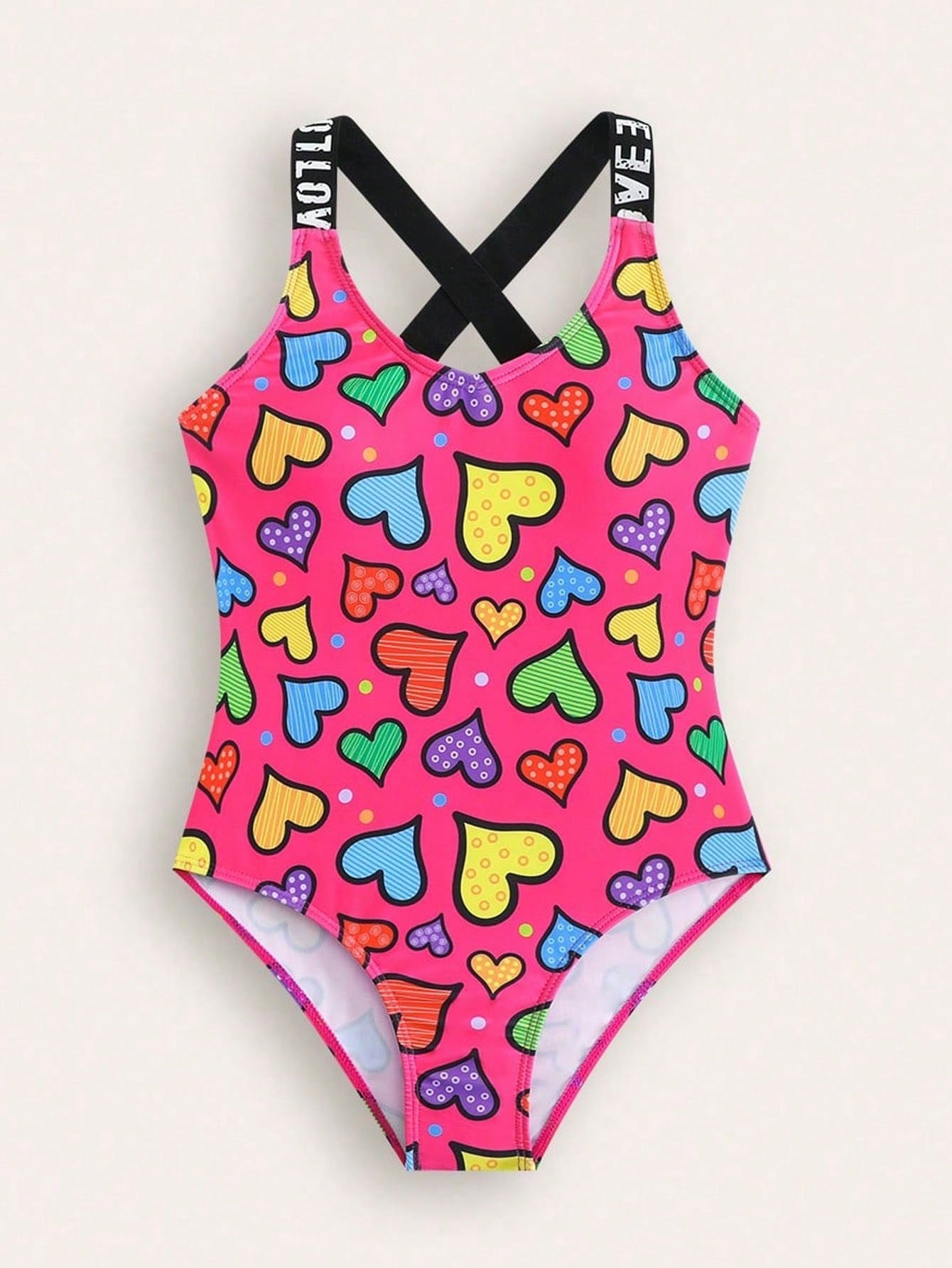 Baby pink girls one-piece swimsuit with ruffle detail, scoop neck, all-over print, and medium-stretch fabric for kids' beach and pool wear.