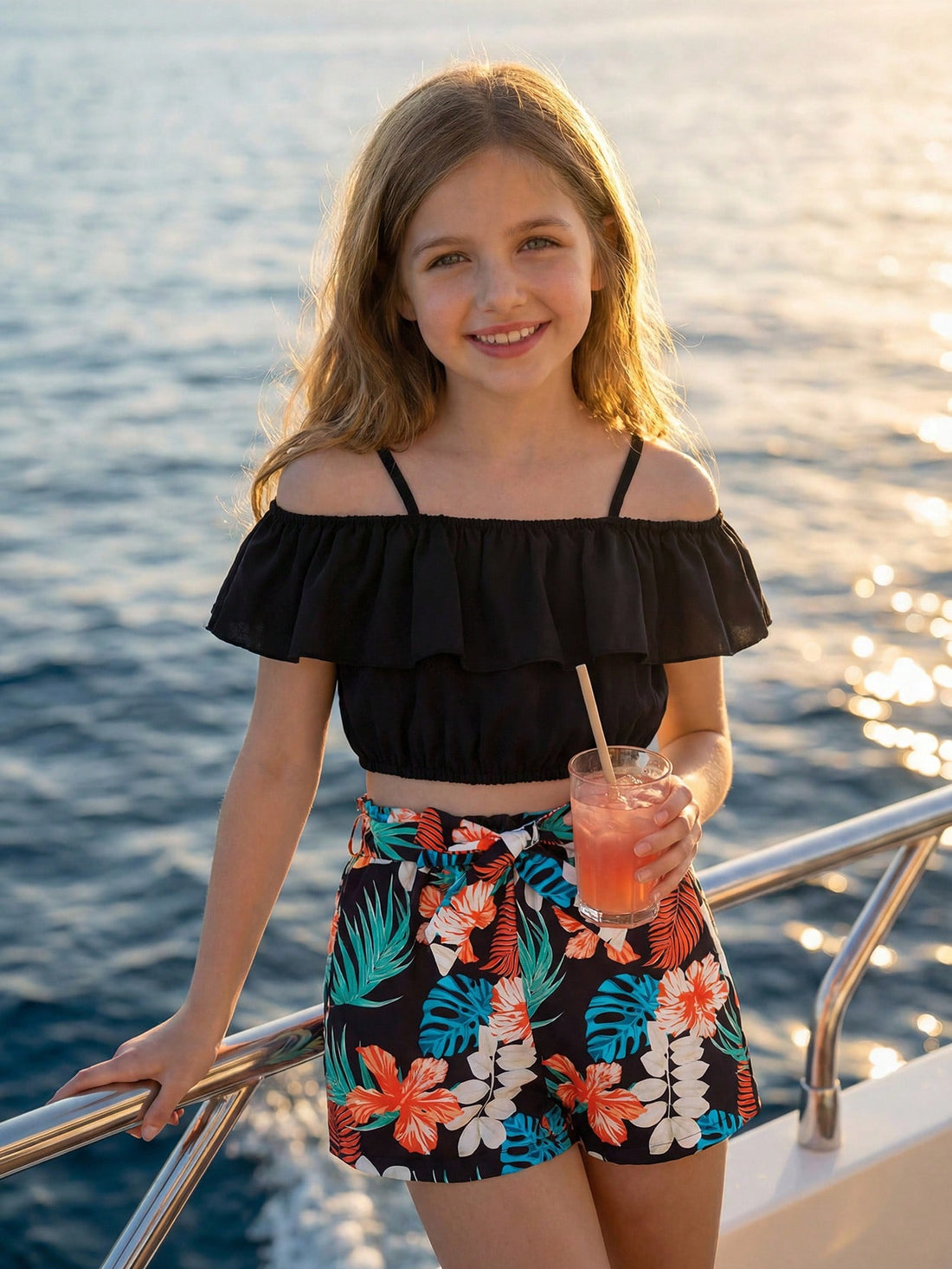 Tween girls 2-piece summer set featuring a black off-shoulder crop top with spaghetti straps and tropical leaf print ruffled paperbag waist shorts with a matching belt.