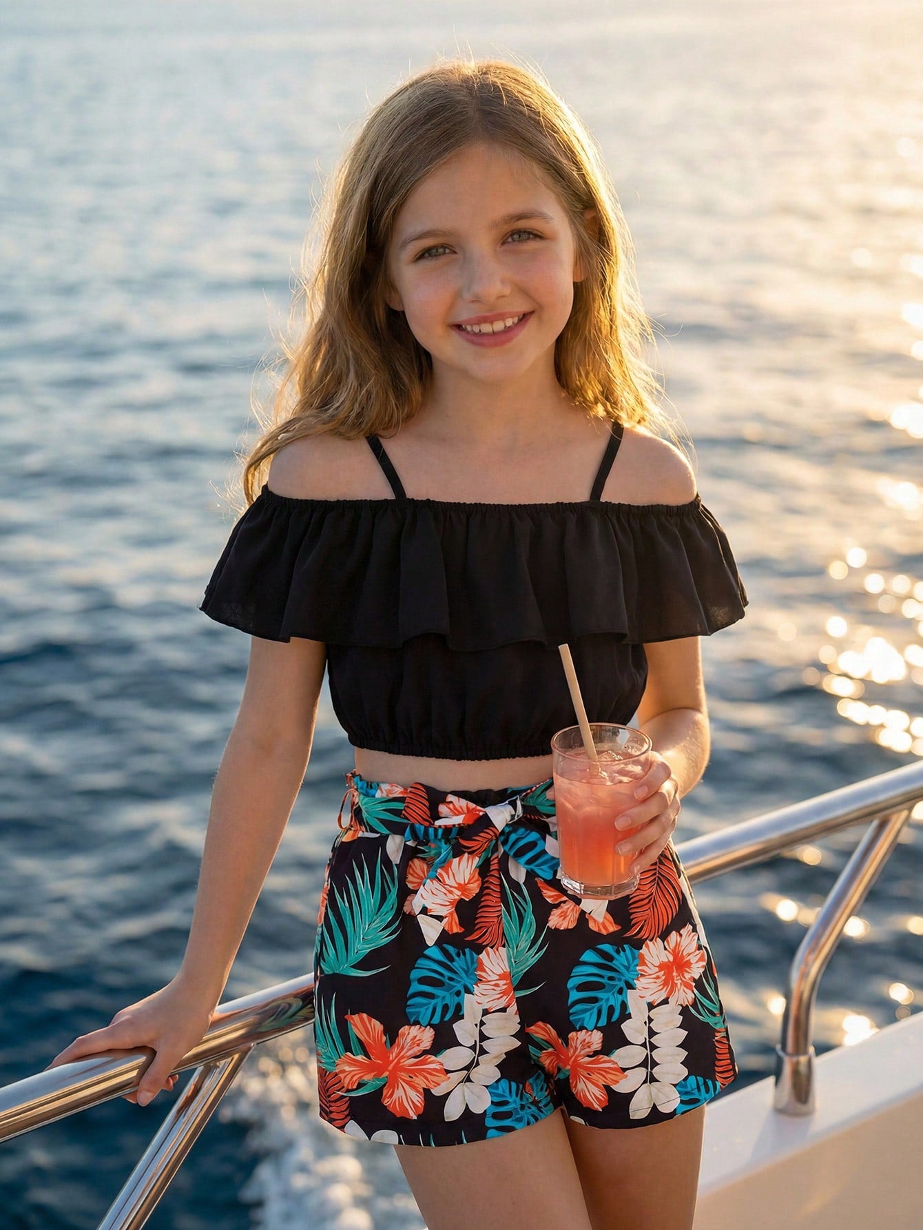 Tween girls 2-piece summer set featuring a black off-shoulder crop top with spaghetti straps and tropical leaf print ruffled paperbag waist shorts with a matching belt.