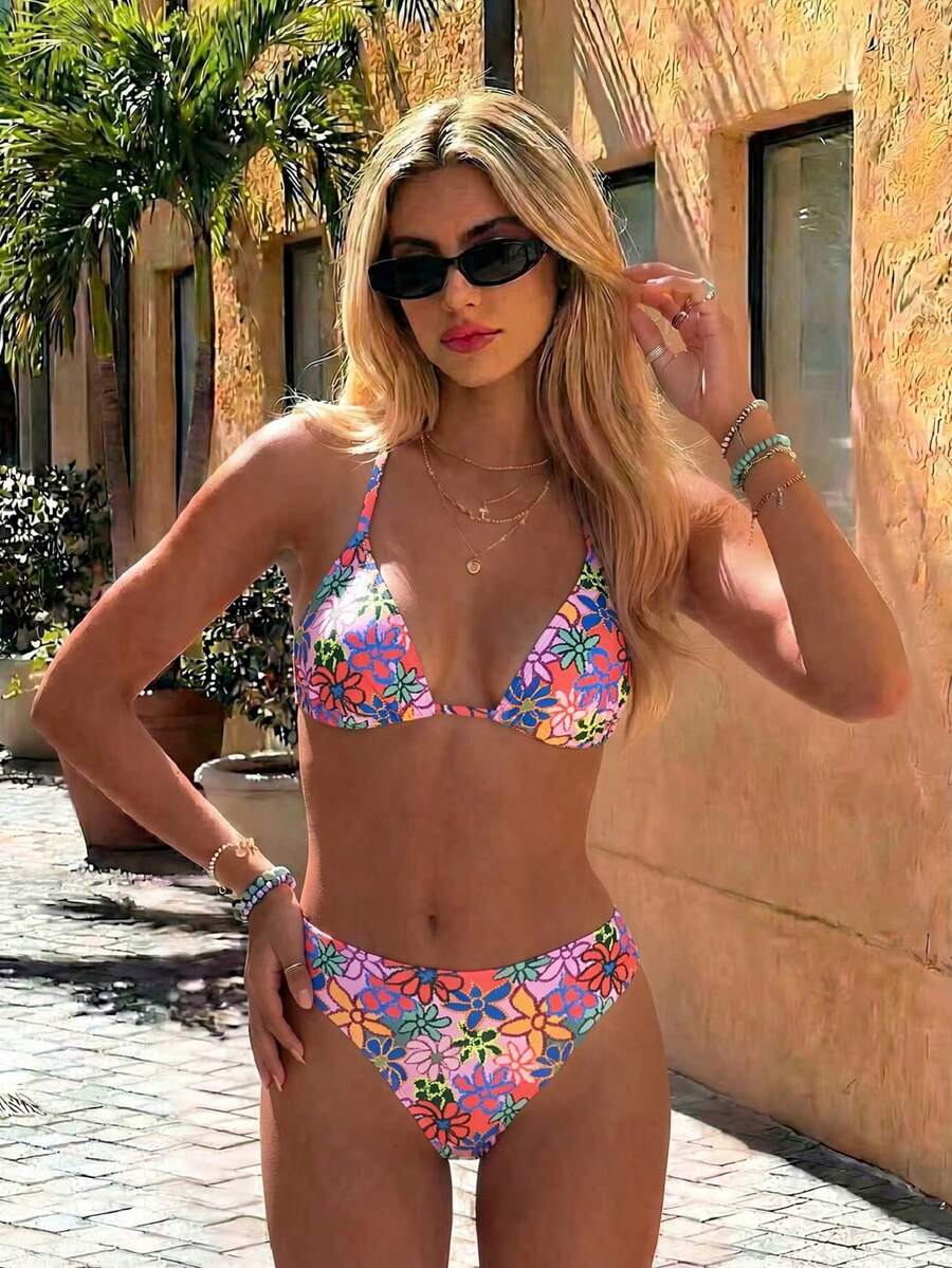Women's apricot 2-piece halter bikini set featuring a wireless triangle top with tie-back detail and high-waisted high-cut bottoms.