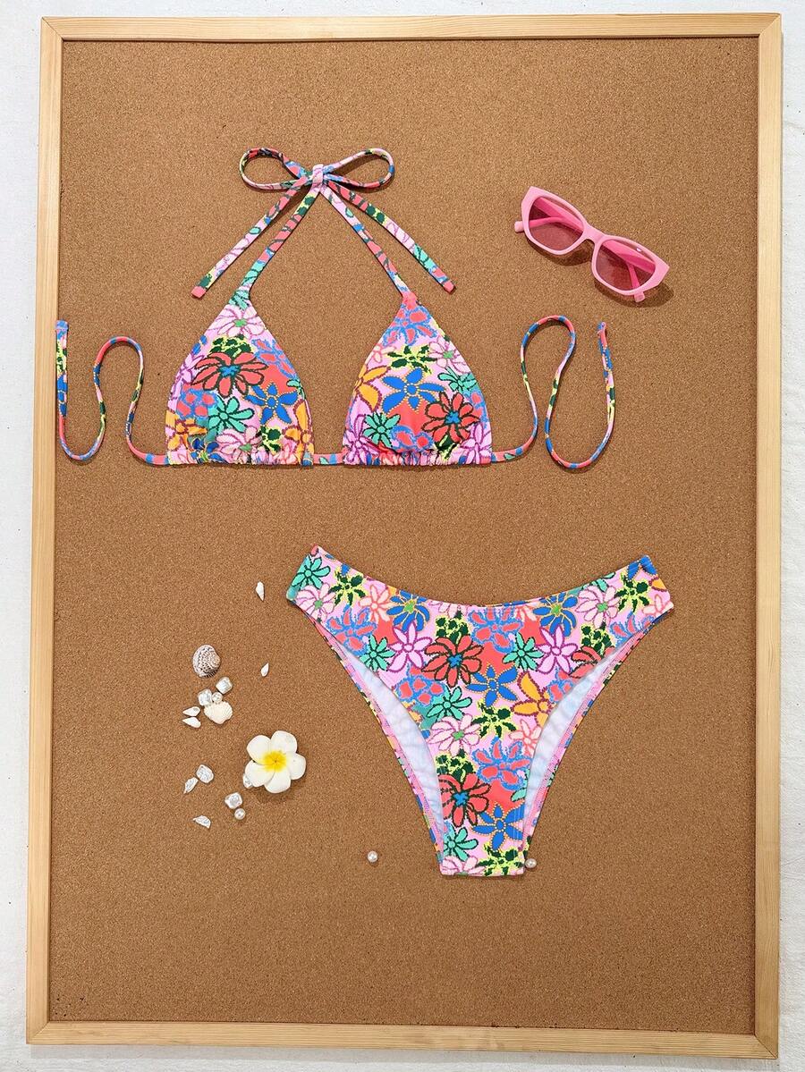 Women's apricot 2-piece halter bikini set featuring a wireless triangle top with tie-back detail and high-waisted high-cut bottoms.