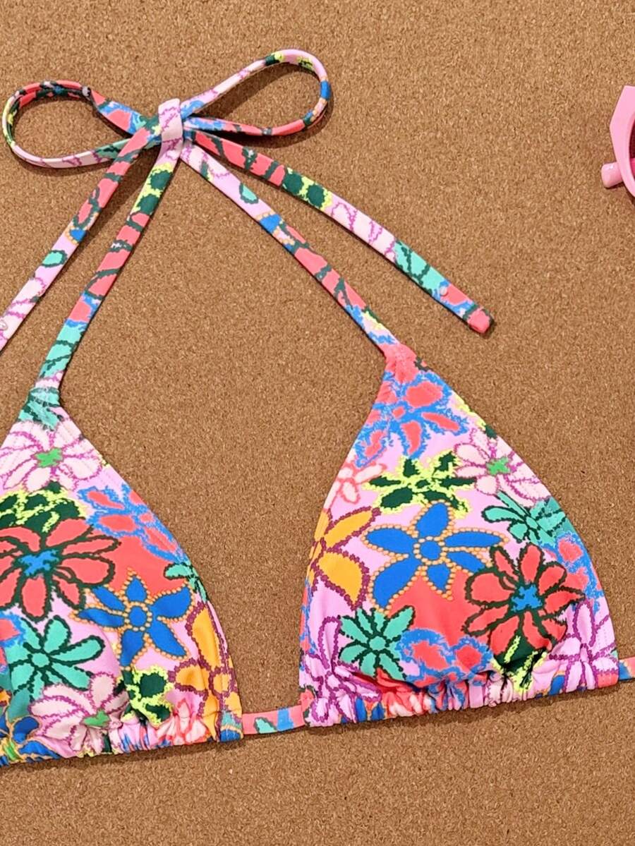Women's apricot 2-piece halter bikini set featuring a wireless triangle top with tie-back detail and high-waisted high-cut bottoms.