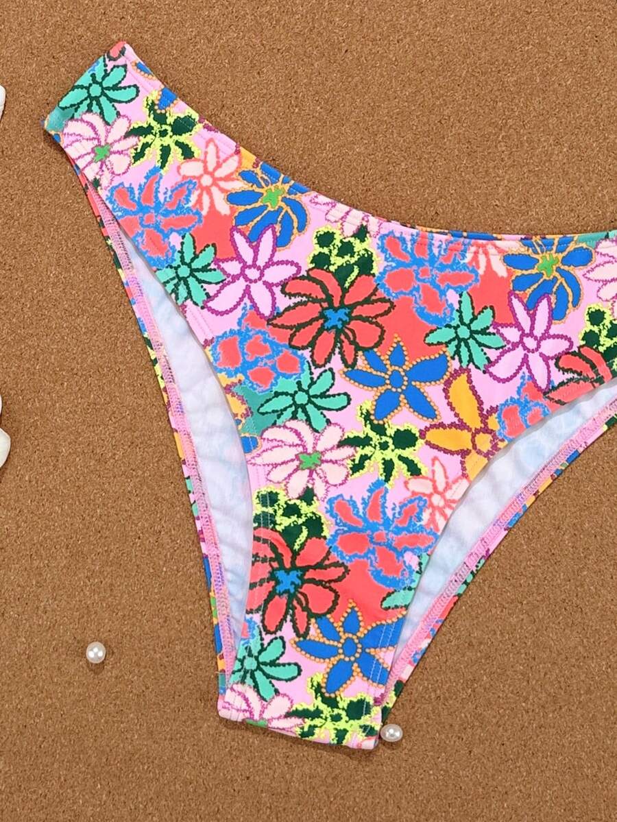 Women's apricot 2-piece halter bikini set featuring a wireless triangle top with tie-back detail and high-waisted high-cut bottoms.