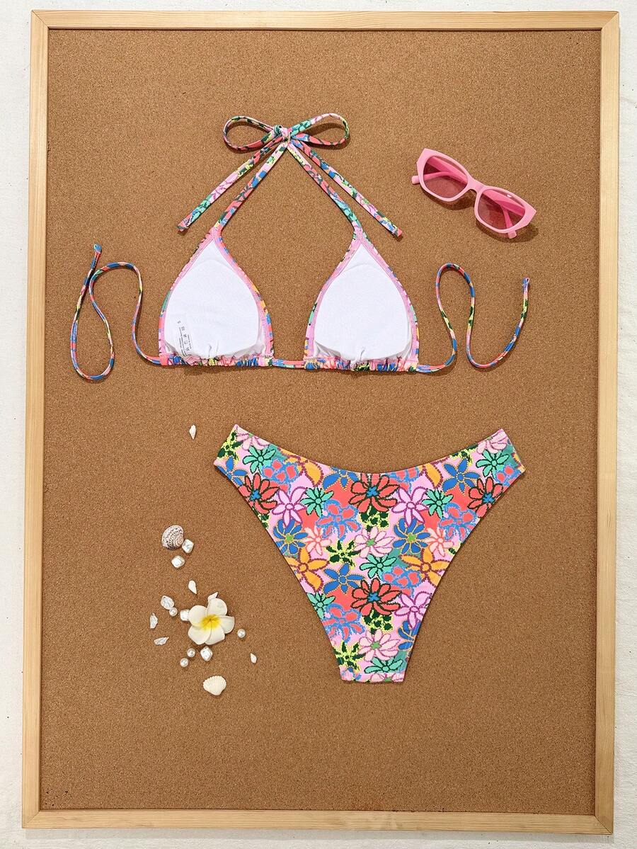Women's apricot 2-piece halter bikini set featuring a wireless triangle top with tie-back detail and high-waisted high-cut bottoms.