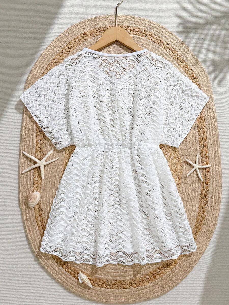 Tween girls apricot sleeveless knit mesh swimwear cover up with V-neck and hollow-out pattern