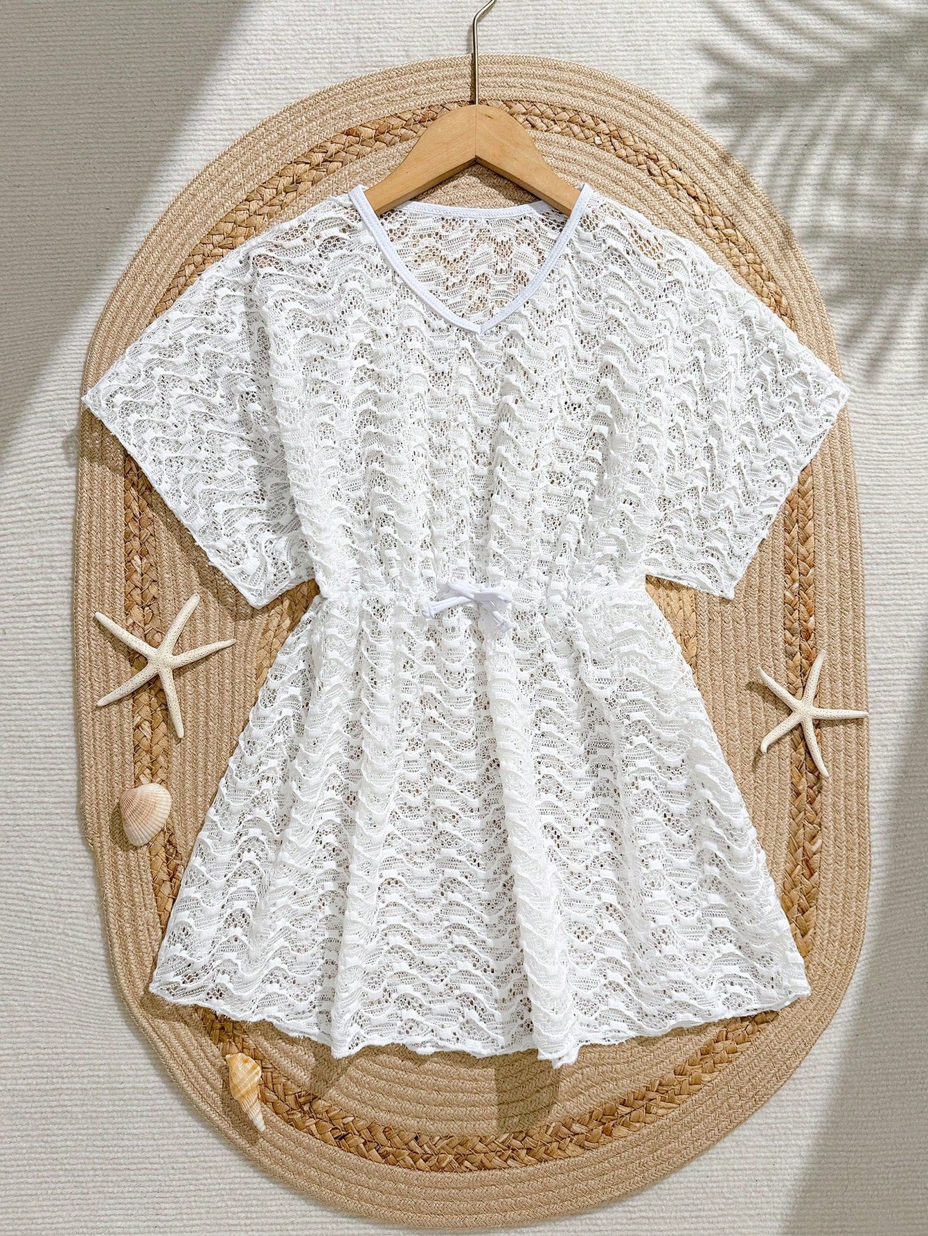 Tween girls apricot sleeveless knit mesh swimwear cover up with V-neck and hollow-out pattern